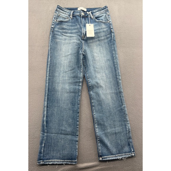 Risen Jeans Denim - Risen Jeans Womens 31 High Rise Cropped Straight Leg Medium Wash Raw Hem